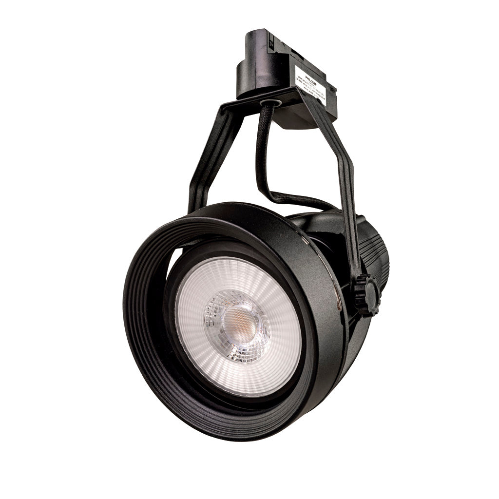 Luminario spot Par 30 base E26 fabricado en aluminio color negro, para riel de tres hilos de Philco
